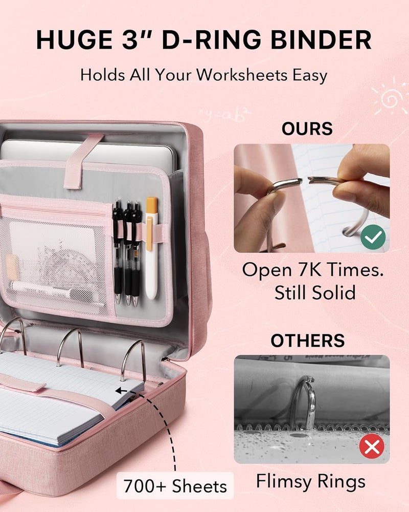 CarryWise Upgraded 3 Rings Zipper Binder Organizer 3 Inch Zippered Binders with Strap Large Zip Up Portfolio Folder Bag with 9 Pockets Laptop Compartment for Office Travel, Pink - Image 2